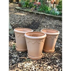 Set of 3 Scalloped Ceramic Planters Terracotta Color Round Flower Pots Saucers